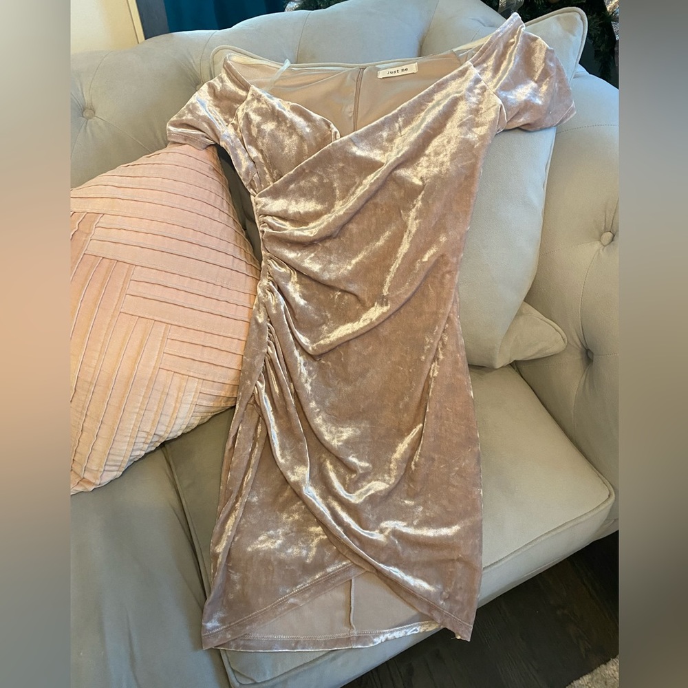 Just Me champagne velvet feel dress with surplice neckline and hidden zipper